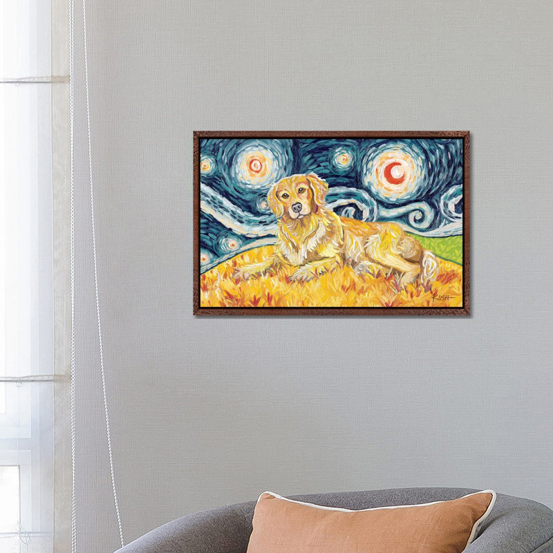 Golden Retriever On A Starry Night by Gretchen Kish Serrano - Gallery-Wrapped Canvas Giclée on Canvas, Classic Wood Framed