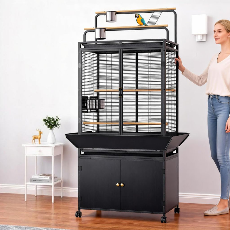 Grande cage à oiseaux de 71 pouces avec plateau de jeu et armoire de rangement, volière pour perroquet Cockatiel ara avec roulettes