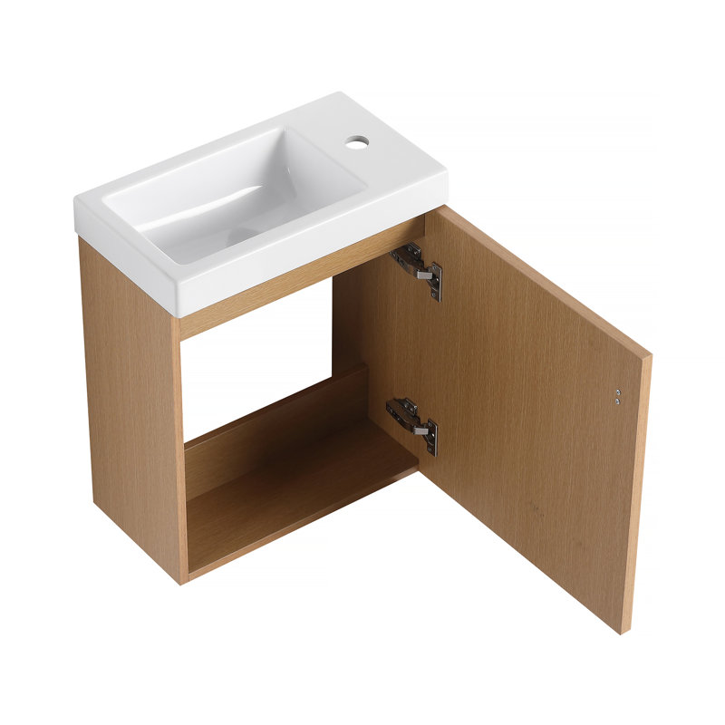 Meuble-lavabo mural 18,5 po avec lavabo en résine, porte simple à fermeture douce, panneau de fibres à densité moyenne, bois naturel (KD-Packing)