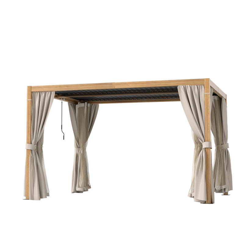 Aluminum Louvered Pergola with Adjustable Roof and Curtains, 13 Ft. W x 10 Ft. D, Natural wood