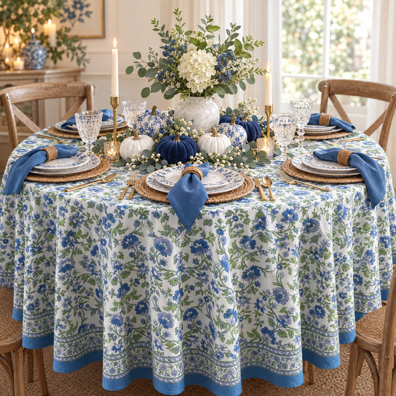 Cobalt Garden Floral Round Tablecloth, 90" Round