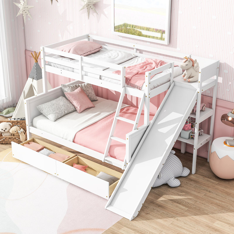 Lit superposé simple au-dessus de double avec tiroirs de rangement, glissière et tablettes - bois d'hévéa, Blanc