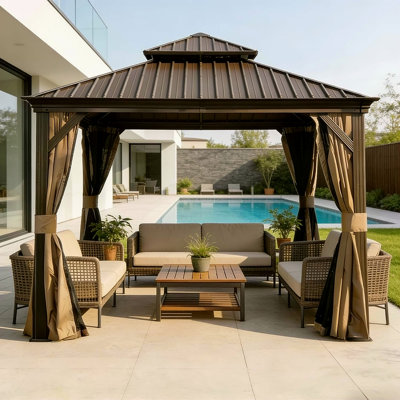 13X13ft Outdoor Gazebo, Hardtop Gazebo With Galvanized Steel Double Roof, Metal Gazebos With Drainage System Patio Pergola For Patio Deck Backyard,Curtain And Netting