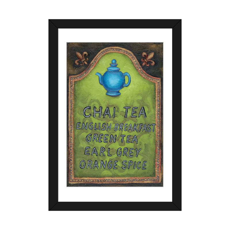 « tea », art textuel sur toile tendue, H 24 po x l 16 po x P 1 po, Papier d'art encadré noir, Blanc