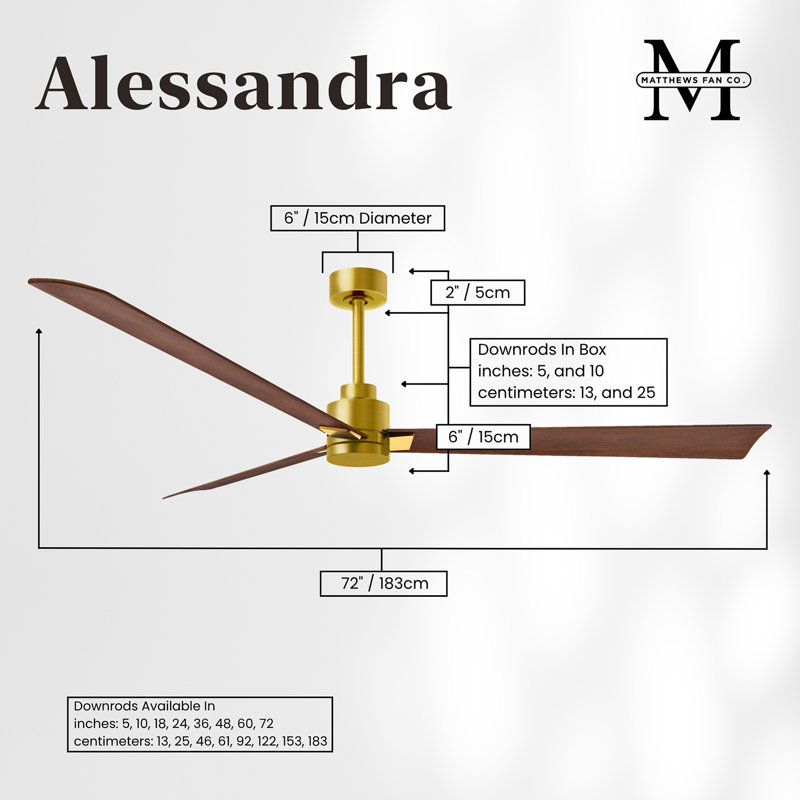 Alessandra Outdoor Downrod Ceiling Fan, Brushed Brass, Walnut