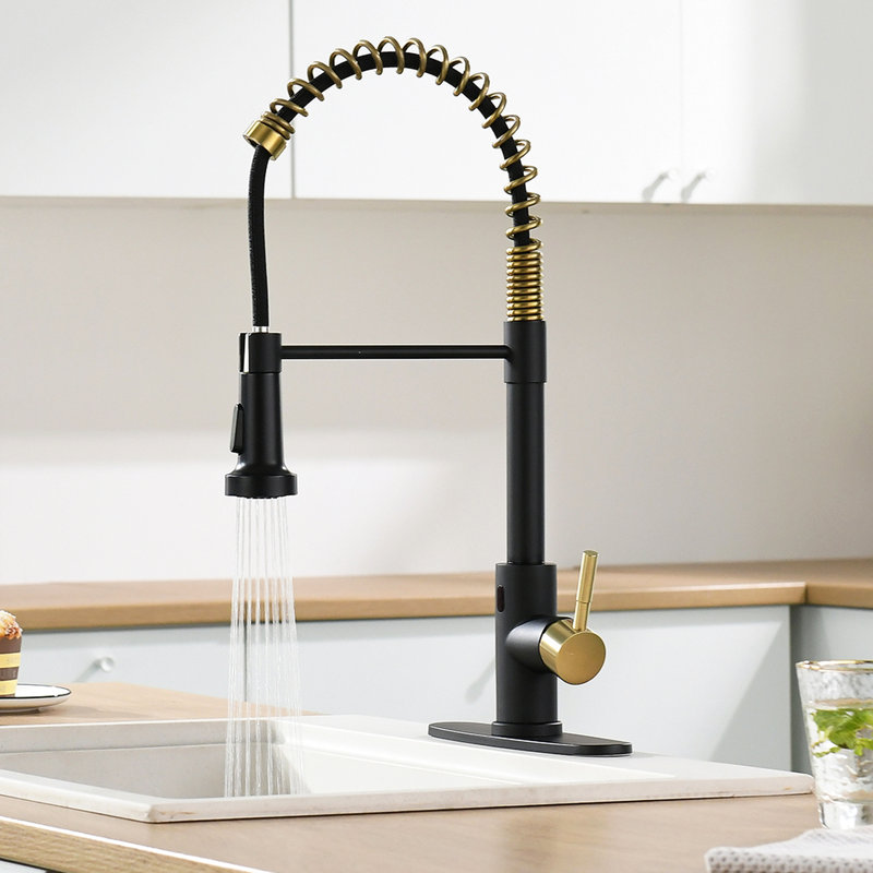 Robinet de cuisine automatique automatique - sans contact, à mains, noir et or, design contemporain, acier inoxydable, robinet en céramique avec robinet rétractable sans contact et contemporain