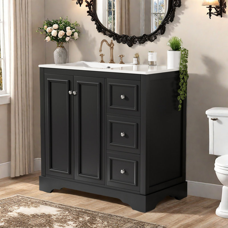 36" Bathroom Vanity With Ceramic Top, Drawers And Cabinet, Black