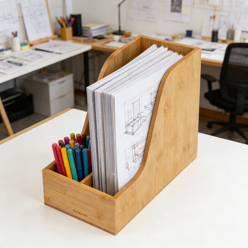 Organisateur de dossier vertical et porte-revues avec rangement pour stylos, organisateur de bureau élégant en bambou pour bureau et espace de travail