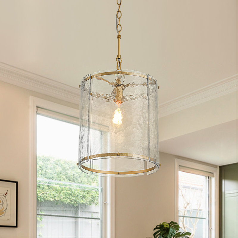 1-Light Handcrafted Textured Water-Glass Cylinder Pendant, Gold