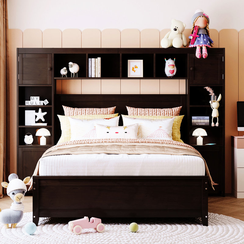 Lit double en bois pleine grandeur avec armoire et tablette, palette de couleurs, Espresso