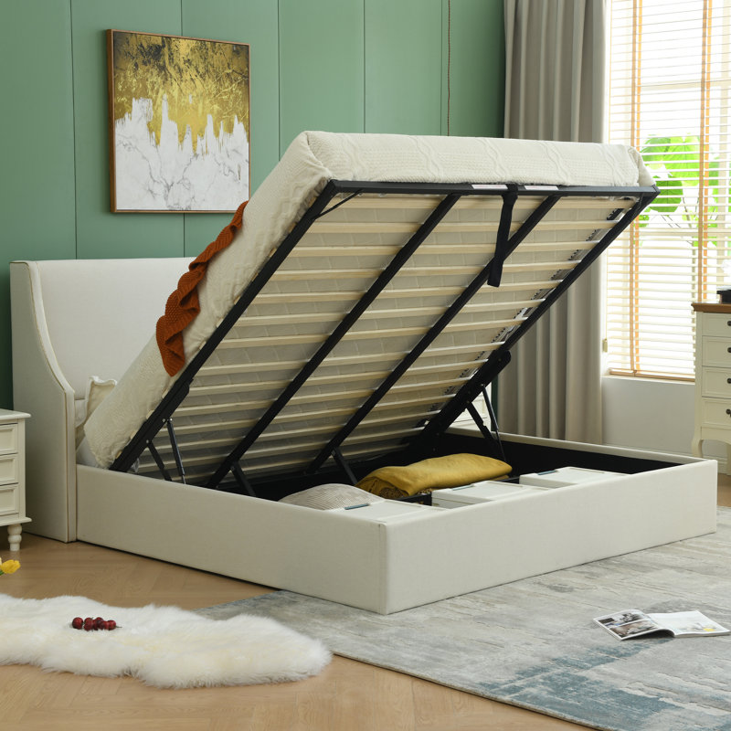 Lit plateforme tapissier avec rangement Linvel, Mélange de lin blanc, Très grand