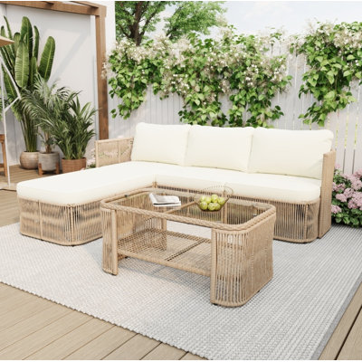 Dark Beige PE Rattan Outdoor Conversation Sofa Set with Sturdy Iron Frame for Patio Yard
