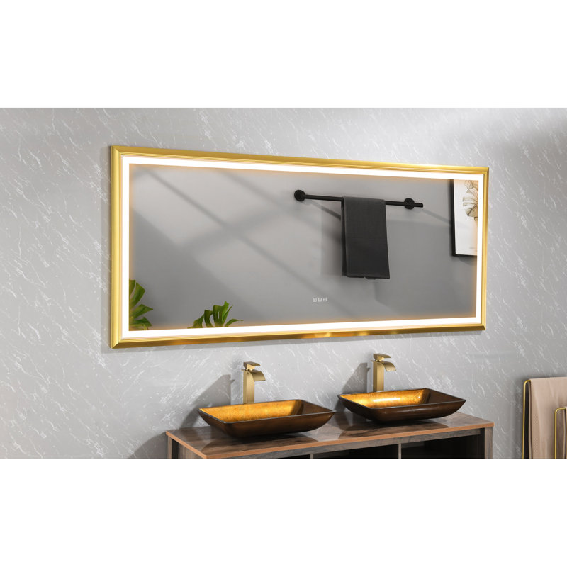 Miroir à brouillard doré en aluminium doré pour salle de bain - 96 po L 48 po H, lumen élevé, réglable avec et intensité variable dorée, aluminium, lumen