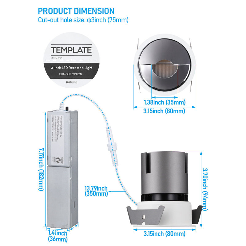 Éclairage encastré 3 "à DEL 5CCT avec boîte en J, projecteur de plafond ultra étroit, à intensité variable, antireflet