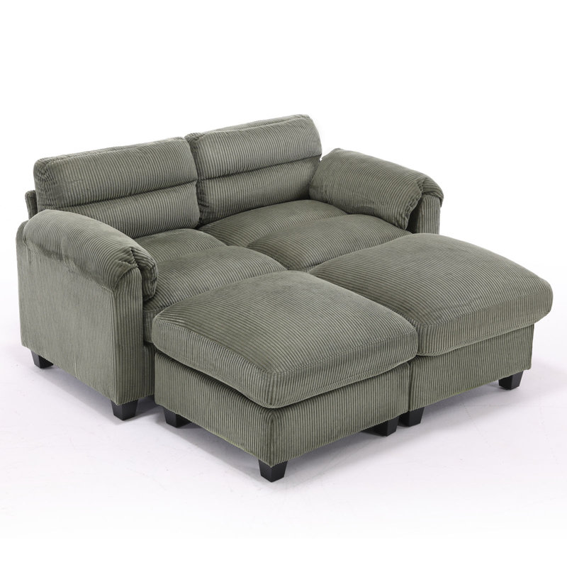 61.8'' Corduroy Upholstered Modular Loveseat Sofa With Ottomans & Adjustable Pillowtop Arm, Green