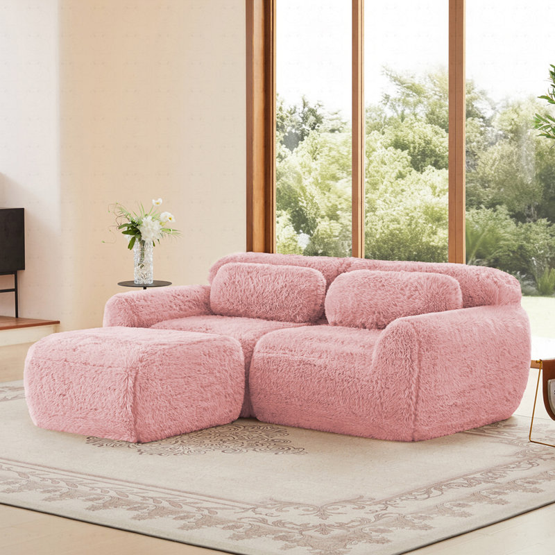 Canapé 2 places en tissu moelleux moelleux avec 1 repose-pieds, Rose