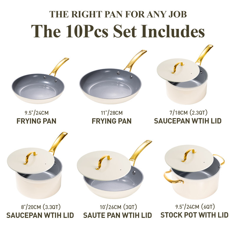 Chef Power Utility Gold 10 - Piece Ceramic Non-Stick Cookware Set Cream