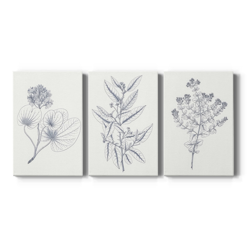 Indigo Botany Study IV - Toile tendue avec châssis sur mesure - 3 pièces, H 27 po x l 54 po