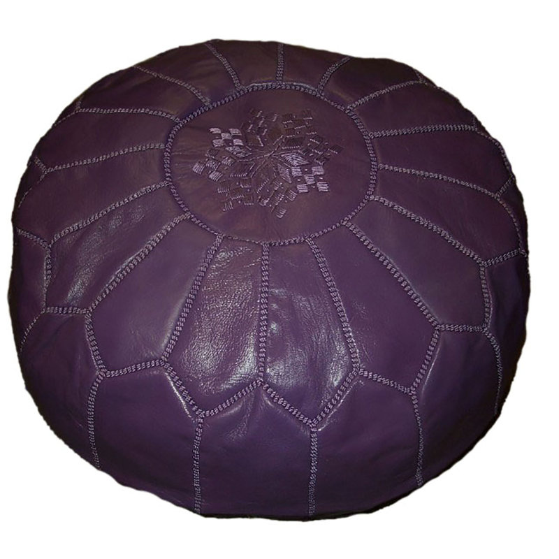 Handmade Moroccan Leather Round Pouf Ottoman Large Aviles, Purple Genuine Leather
