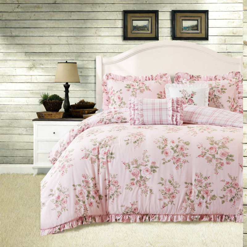 Ensemble de literie pour très grand lit, édredon en microfibre à motif floral rose