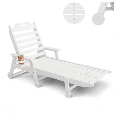 Chaise longue d'extérieur surdimensionnée - Chaise longue en PEHD toutes saisons avec 6 positions, capacité de 500 lb, roues et porte-gobelet pour terrasse, bord de piscine ou arrière-cour - blanc