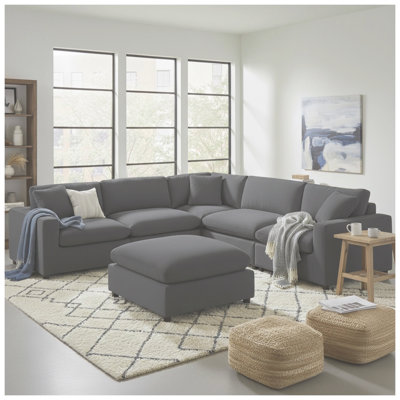 Canapé d'angle modulaire Caylie 6 pièces avec pouf - Revêtement en polyester anthracite, tissu ultra-résistant, structure en bois massif