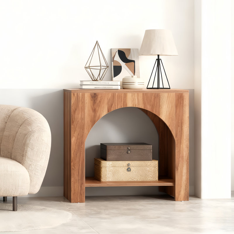 2 Tier Wood End Side Table With Innovative Arched Design For Living Room, Rustic Brown