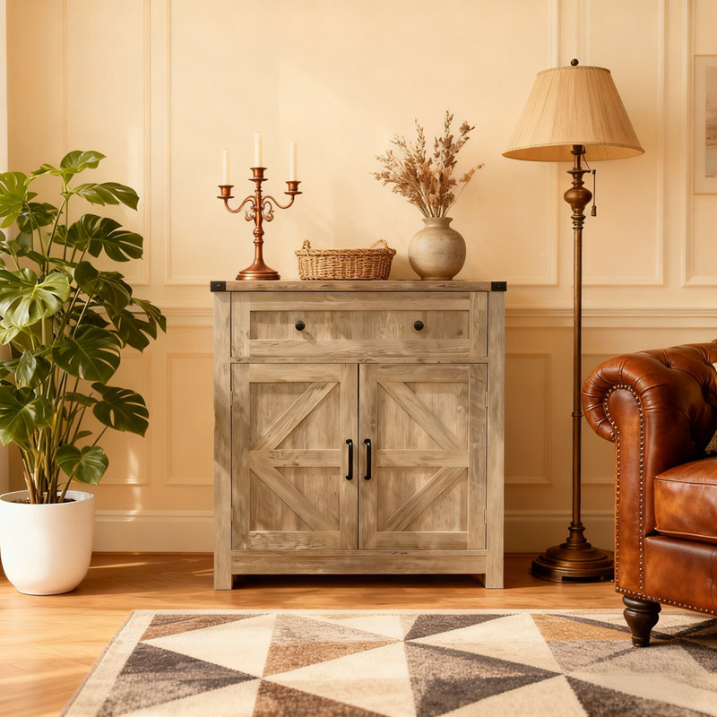 Light Gray-Washed Wood Farmhouse Barn-Door Storage Cabinet, Coffee Bar Buffet Sideboard with Drawer for Kitchen & Living Room