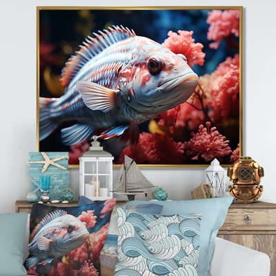 Mono, corail et poisson bleu dansant sur toile