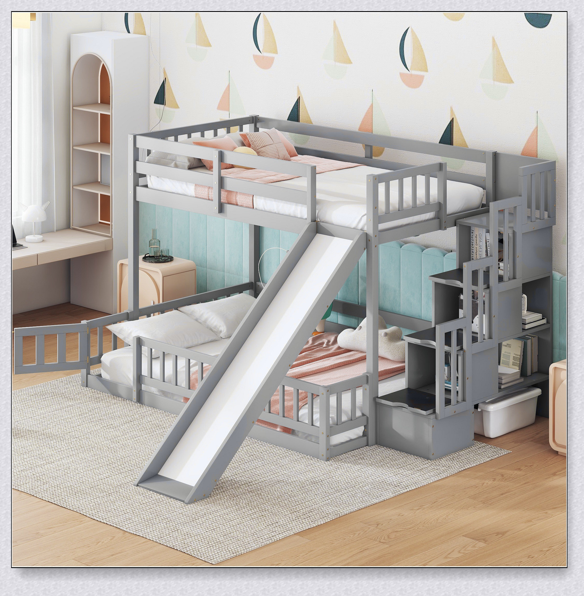 Latitude Run® Wooden Bed Frame with Slide and Storage Staircase | Wayfair
