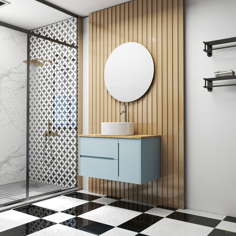Armoire de meuble-lavabo mural 36 po à double tiroir + porte simple, plateau en bois massif, lavabo rond en céramique et miroir rond, design minimaliste moderne, grand espace de rangement