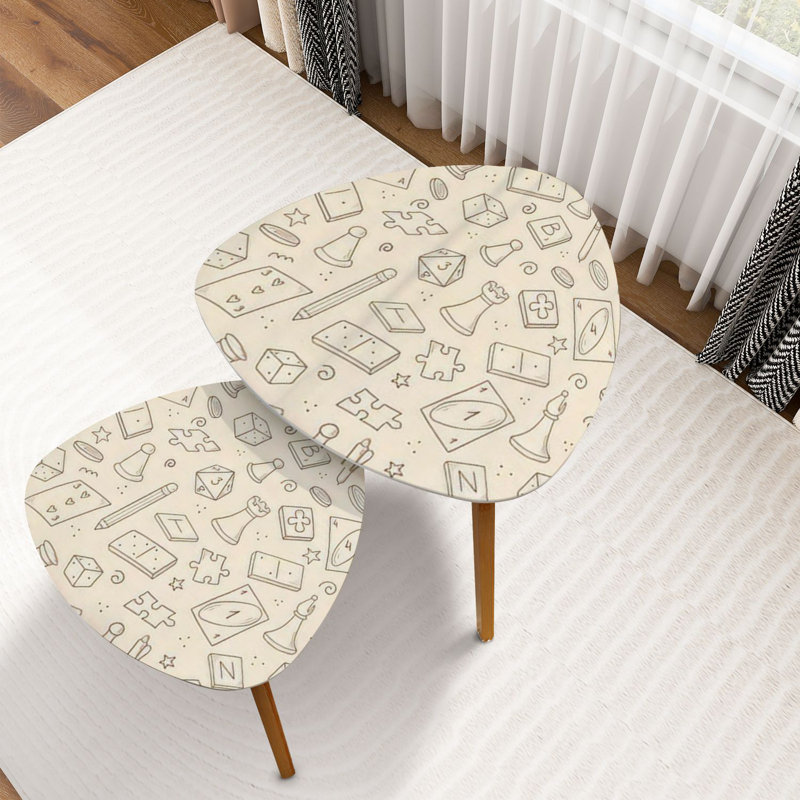 Triangle Nesting Coffee Table Set of 2 Hand drawn seamless board game cards chess hourglass chips dice End Table Modern Minimalist Side Table Set for Living Room Bedroom