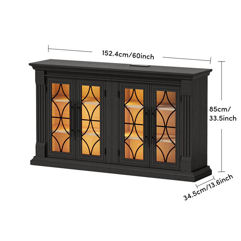 Buffet de 60 po de large avec prise et DEL, armoires de rangement à 4 portes avec tablettes réglables, noir, Noir