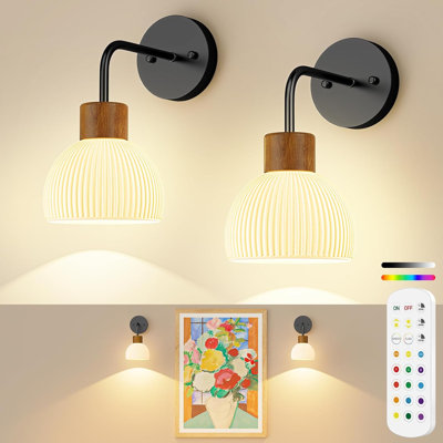 Rechargeable Wall Sconce Set of 2 – Wireless Battery Operated Glass Lamps with Remote, 12 RGB Colors and 3 CCT, Dimmable with Timer, for Bedroom Living Room Hallway (Black)