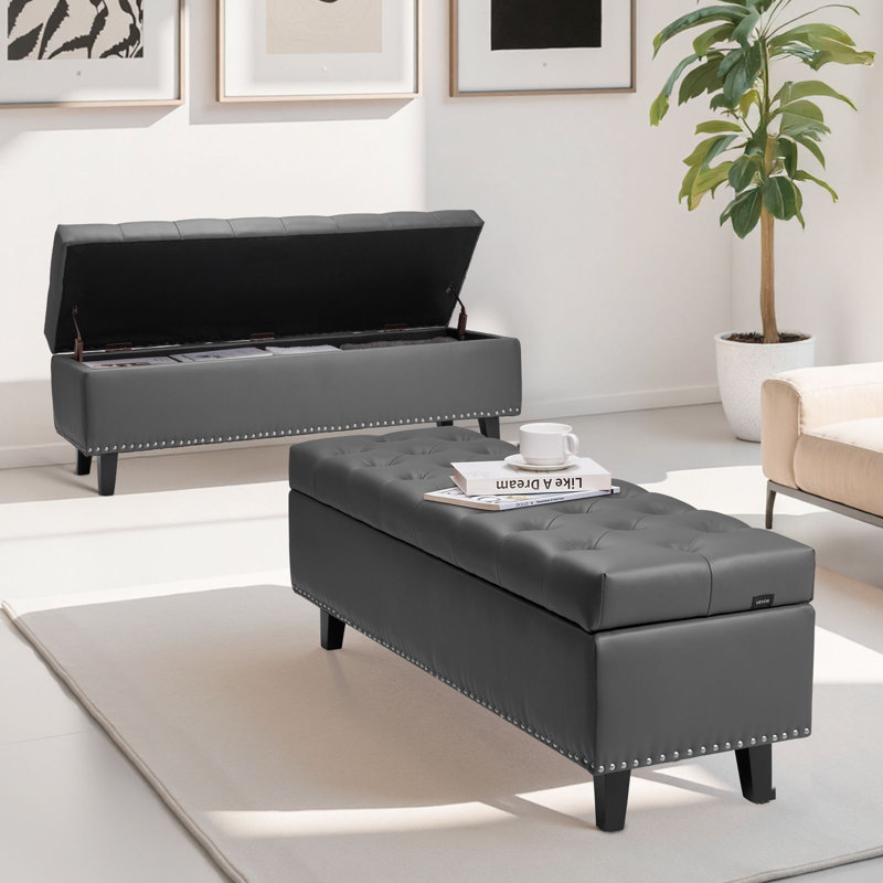 Banc avec repose-pieds capitonné et capitonné avec pieds en bois , Gris