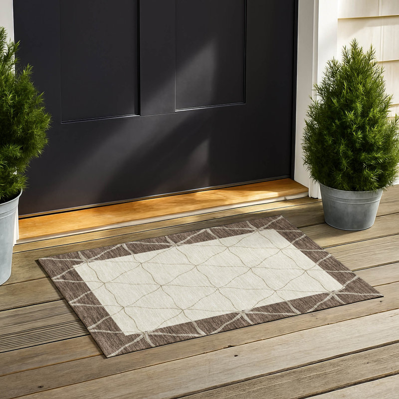 Machine Washable Indoor/Outdoor Chantille ACN2841 Border Rug, 1'8" x 2'6", Coffee