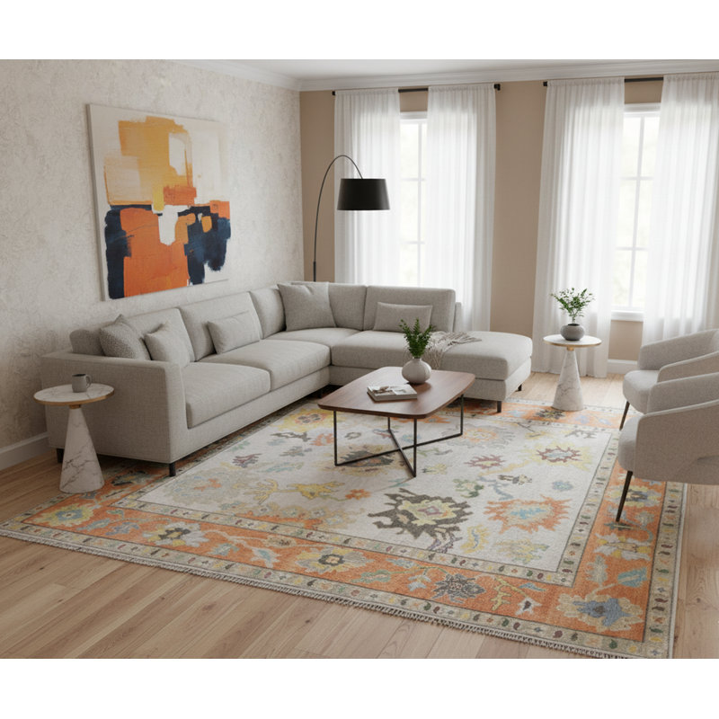 Tapis noué à la main Oushak abricot Samon, Rectangle 9 pi x 12 pi