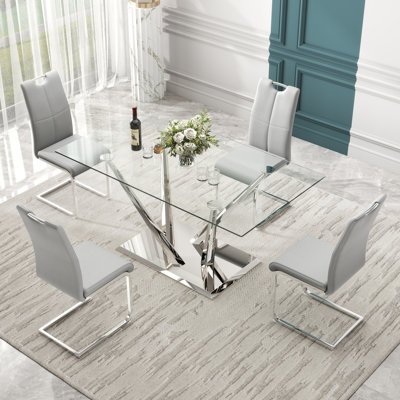 Rectangle Tempered Glass Pedestal Dining Set