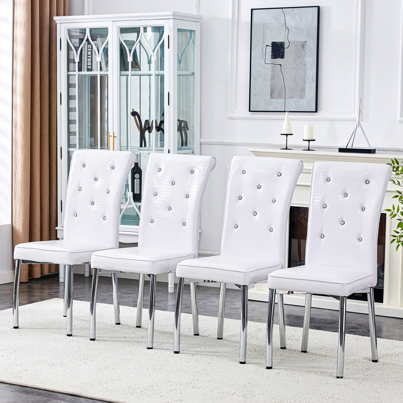 Modern Dining Chairs with PU Leather Cushioned Spring Pack, 4, White, Silver