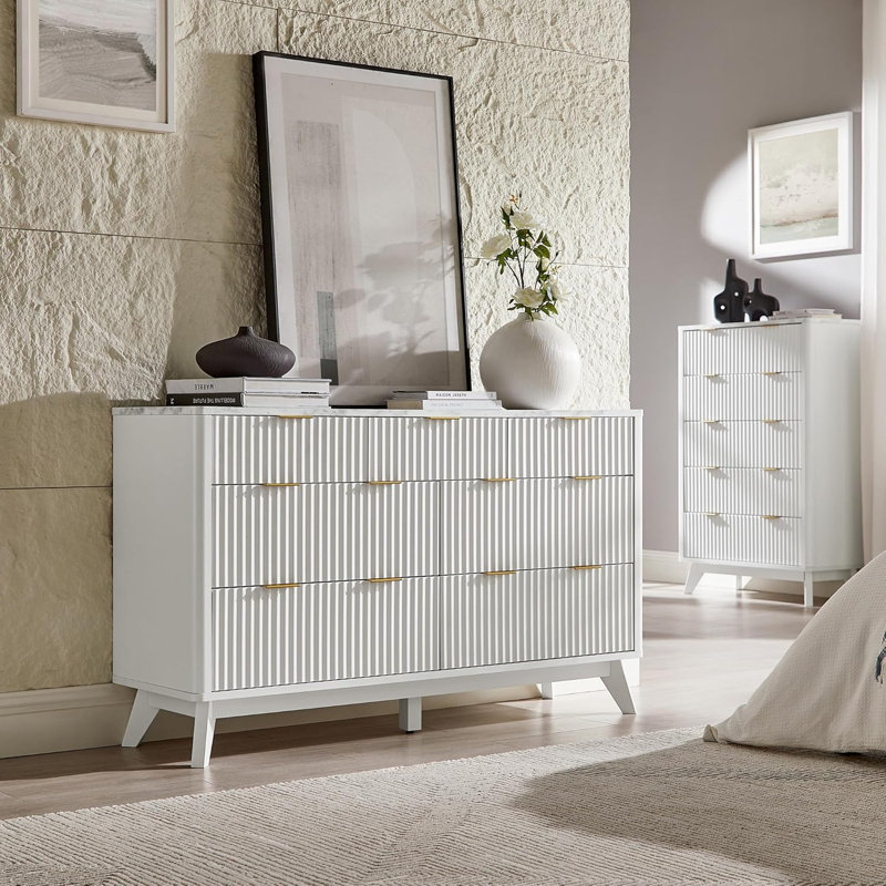 Commode à 7 tiroirs avec design cannelé, Blanc