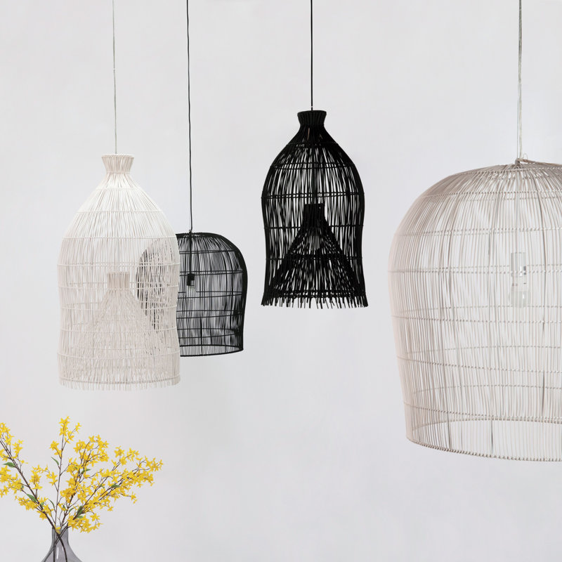 Baldy Indoor Iron Pendant Light w/ Rattan Accents, Cream