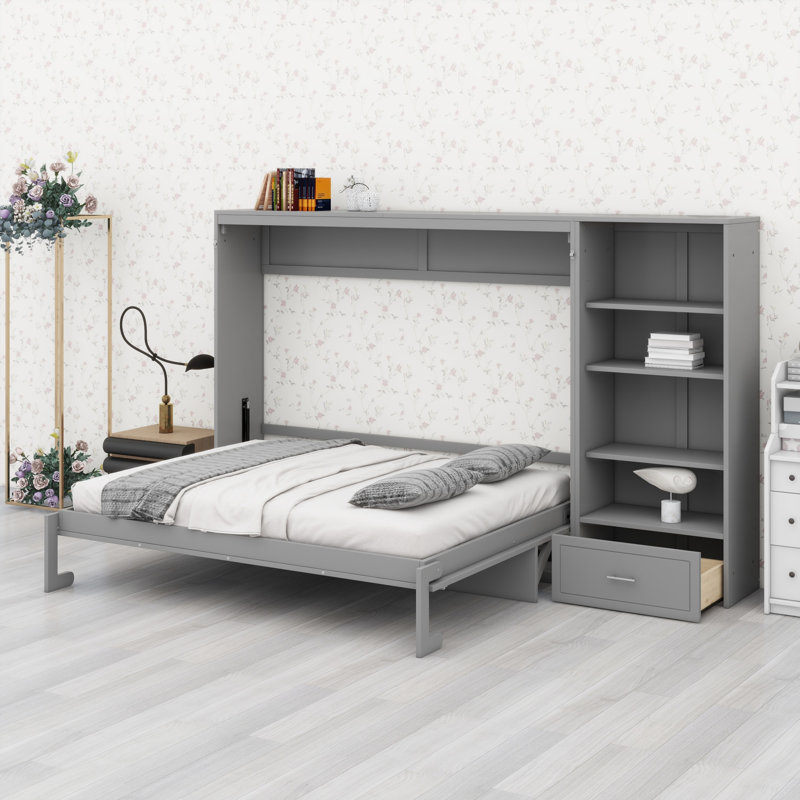 Lit escamotable multifonctionnel pliable avec compartiments de rangement réglables, tablette et tiroir intégré - Lit mural peu encombrant pour chambre à coucher et chambre d'amis