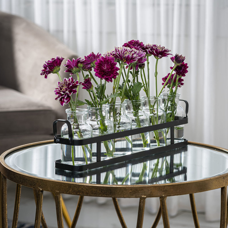 Vase à fleurs en verre 6 pièces avec support en métal