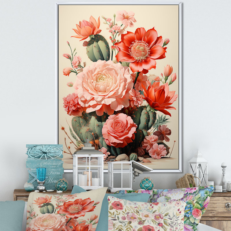 Collage de cactus Coral Cluster - impressions sur toile de cactus, Cadre flottant blanc, H 32 po x l 24 po x P 1 po