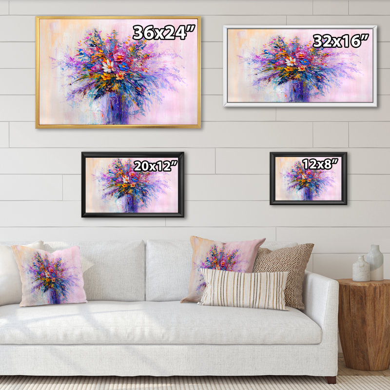 Vase de fleurs rouges et mauves - reproduction sur toile avec cadre flottant, H 12 po x l 20 po x P 1 po