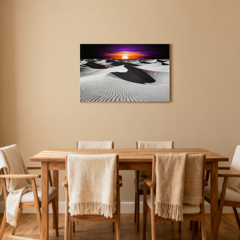Ensemble de 1 tableau sur toile tendue représentant un coucher de soleil sur les dunes du désert, H 16 po x l 24 po