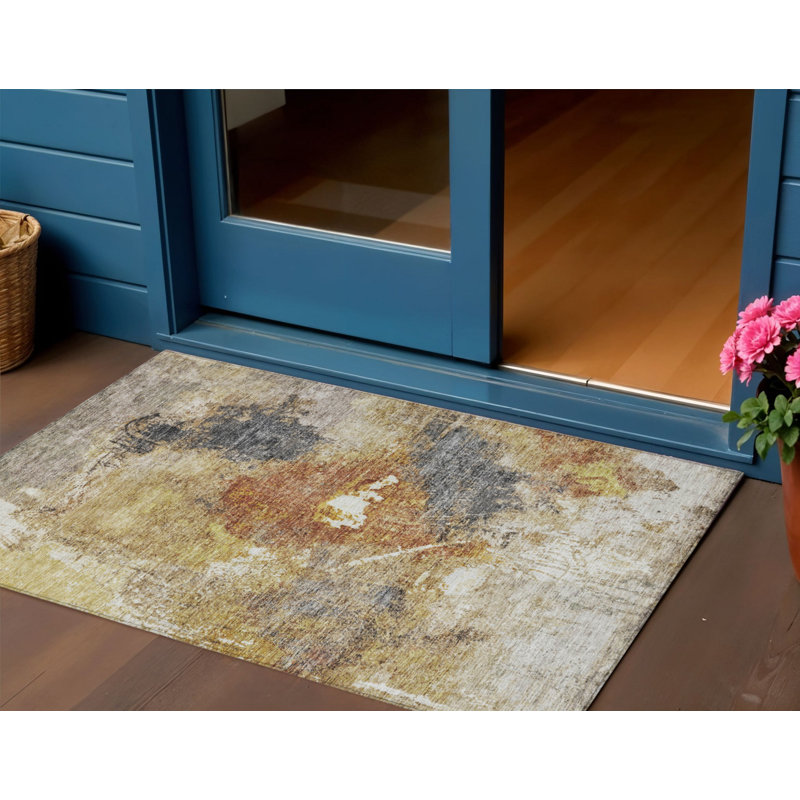 3' X 5' Taupe Black And Copper Abstract Washable Indoor Outdoor Area Rug