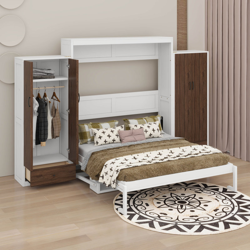 Grand lit escamotable à armoire avec lumières DEL, tiroirs et table