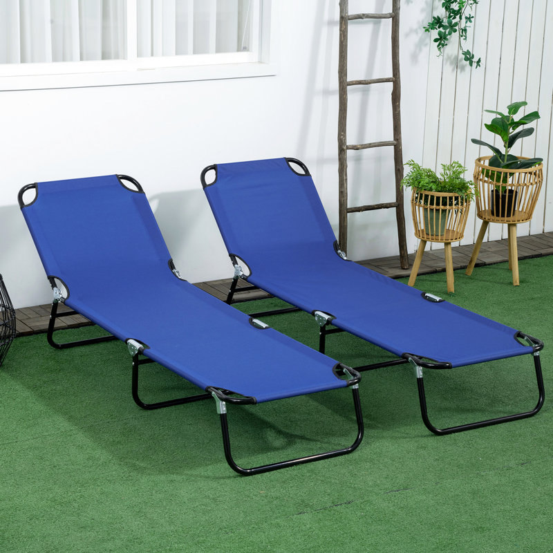 2 Piece Yard Lounge Sun Chairs, 5-level Reclining, Steel Frame, Blue Folding Chaise For Beach, Patio Beach Chairs With Made,