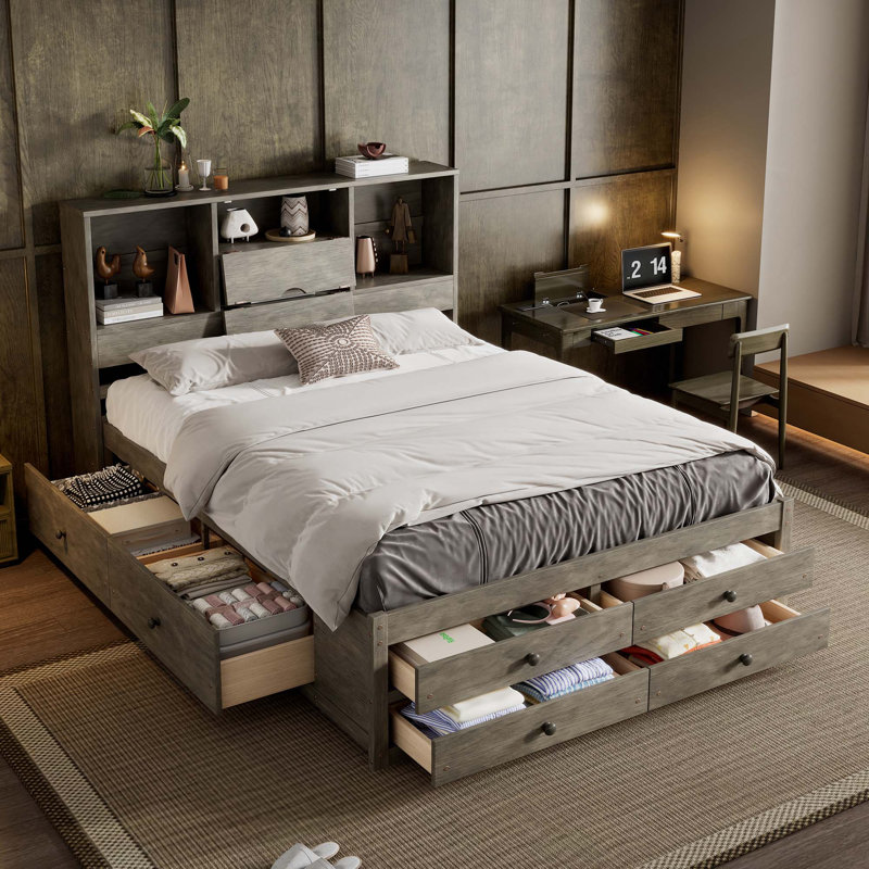 Lit plateforme avec tête de lit avec rangement et 8 tiroirs, Grey